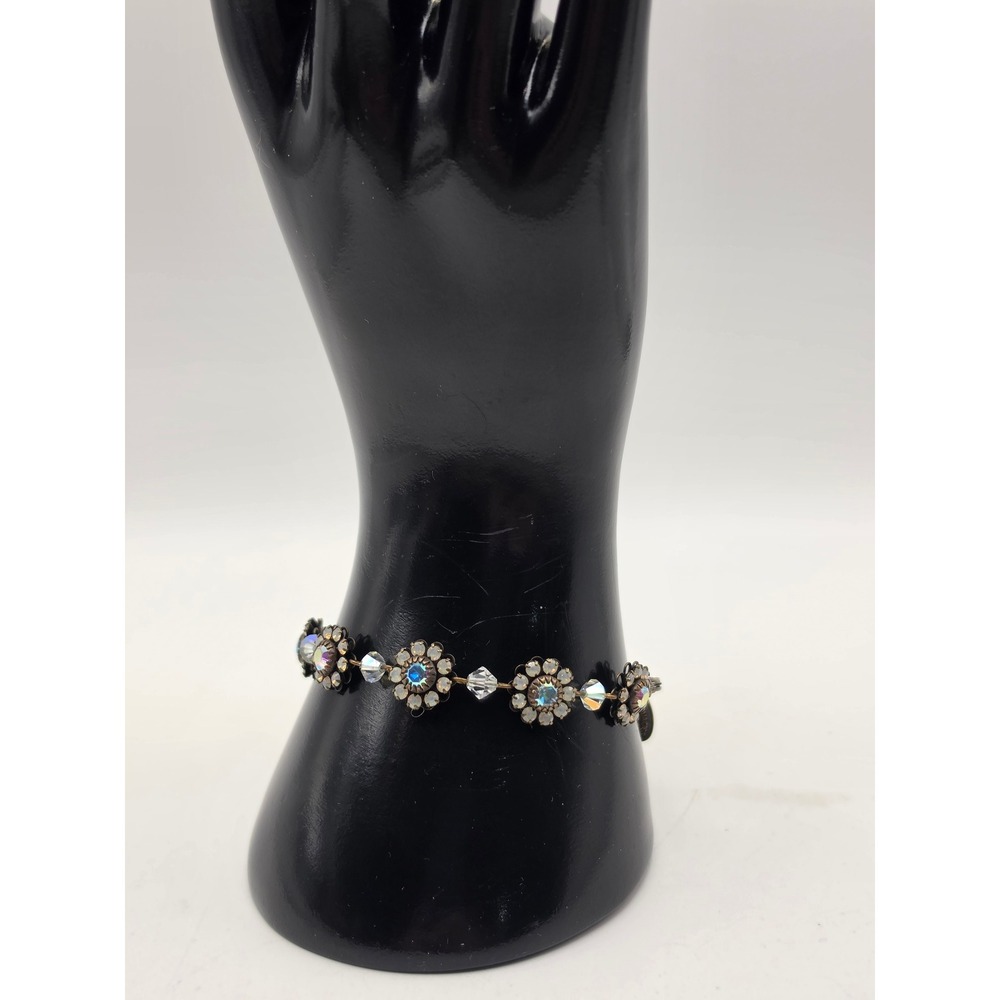 Liz Palacios SF Swarovski Crystal Floral Link Bracelet Antiqued Brass Tone 7.25"